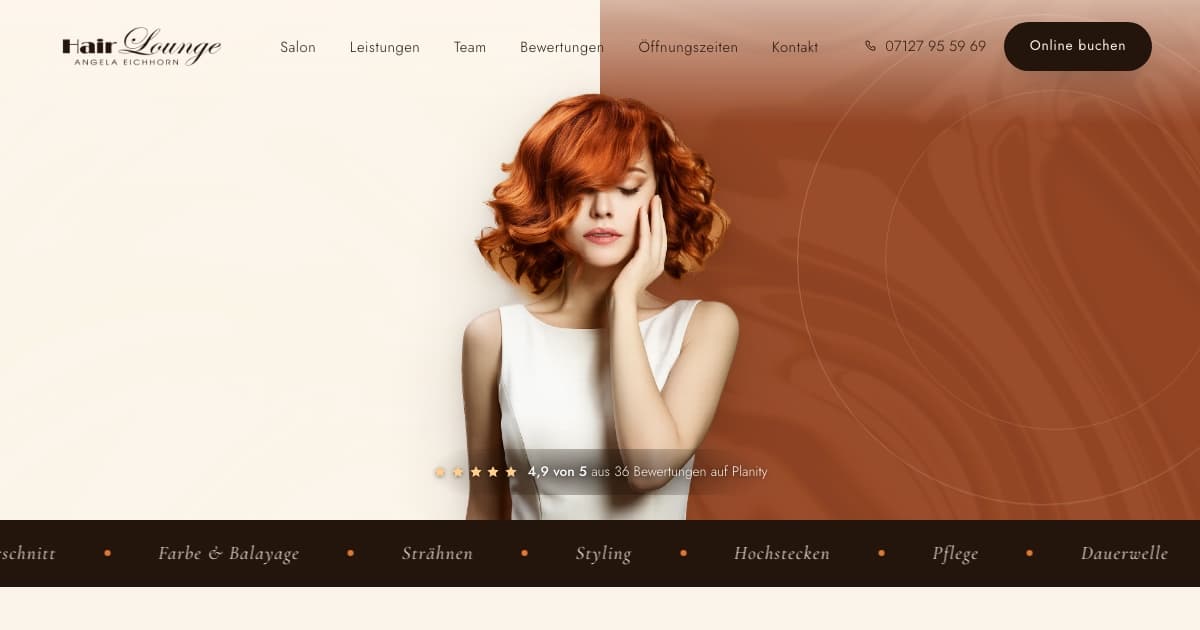 Startseite von angelas-hairlounge.de mit Logo, Navigation und Bewertung