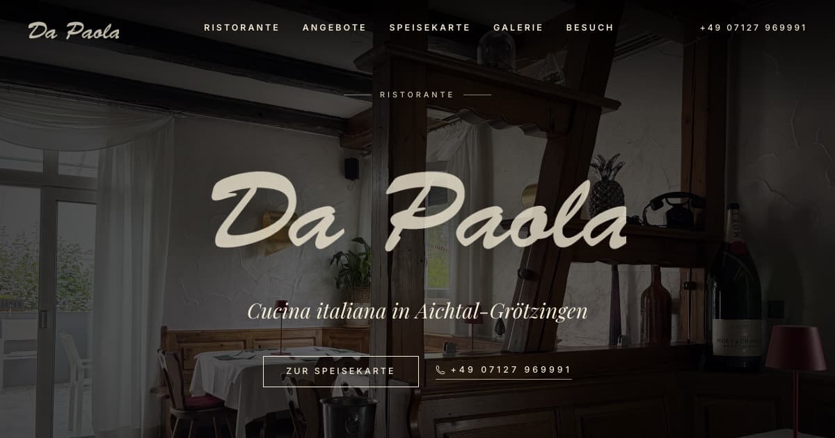 Startseite von dapaola-aichtal.de mit Schriftzug Da Paola über dem Gastraum
