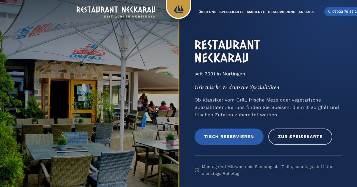 Startseite von restaurant-neckarau.de mit Terrasse und Reservierungs-Buttons
